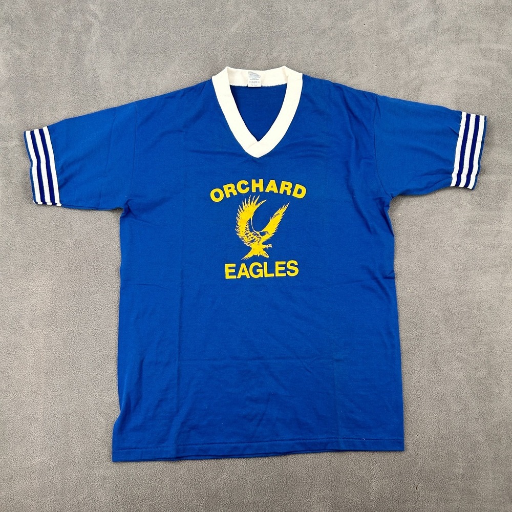 VTG 80s MJ Soffe Company Orchard Farm High School Eagles‎ T Shirt Sz L Blue